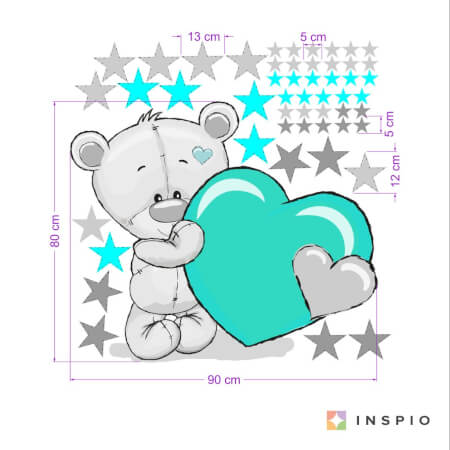 Stickers pour enfants	- Ourson gris et turquoise avec étoiles et prénom