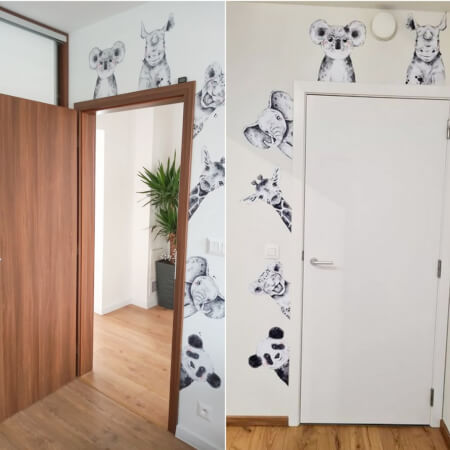 Adhesivos alrededor de la puerta y los muebles: animales en blanco y negro