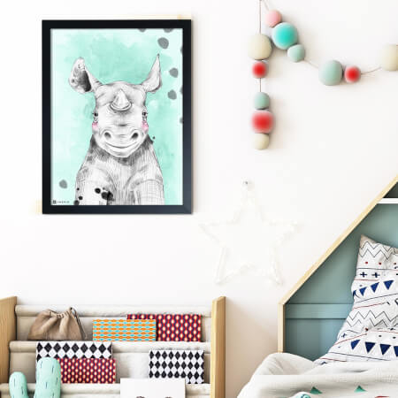 Tableau pour la chambre d'enfant - Rhinocéros sur le fond en couleur de votre choix