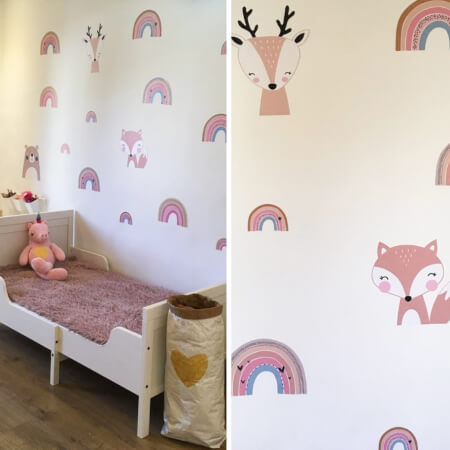 Samolepky do dětského pokoje - Duhy v růžové barvě se zvířatky