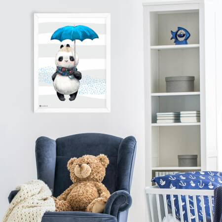 Cuadro para una habitación infantil - Panda con sombrilla azul