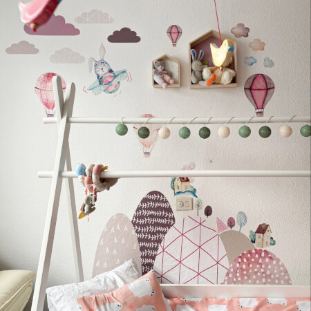 Wall stickers - Hills and balloons in pink