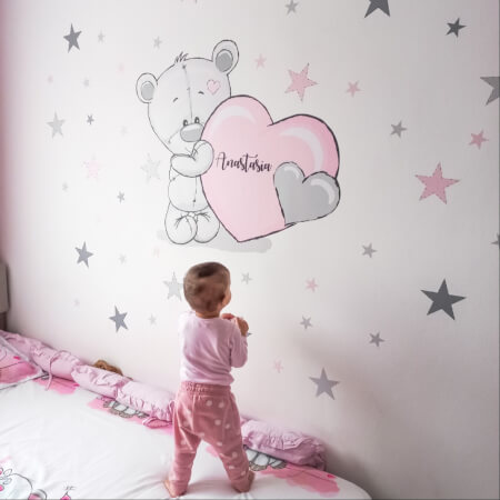 Sticker - powdery - coloured teddy bear with stars and a name