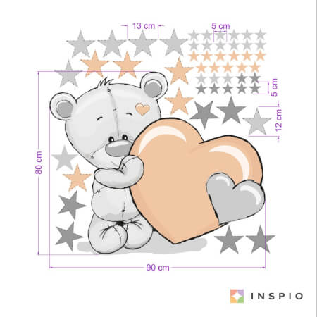 Children´s wall stickers, apricot-coloured stars with a teddy bear