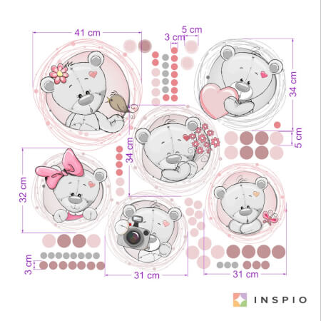 Väggklistermärken – nallebjörn med barnets namn i rosa