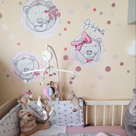 Autocolantes de parede - Ursinhos em cor rosa com o nome da criança
