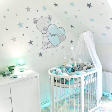 Wall sticker - Teddy bear in menthol colour with stars and a name