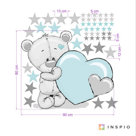 Samolepka na zeď - Plyšový medvídek v mentolové barvě s hvězdami a jménem