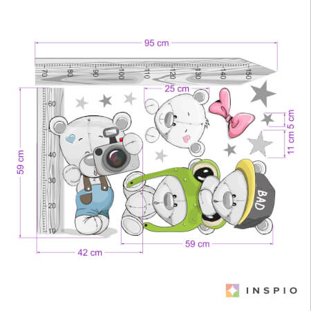Sticker child growth meter for a kid's bedroom - Teddy bears II.