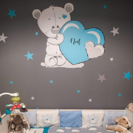 Adesivi da parete per bambini, orsetto blu con stelle e nome