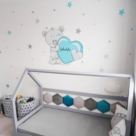 Wandtattoo - Blauer Teddybär mit Name und Sternen