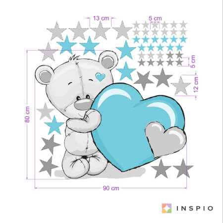 Väggklistermärken för barn, blå teddybjörn med stjärnor och ett namn