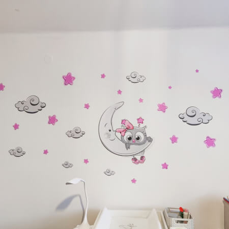 Αυτοκόλλητο παιδικού δωματίου - Ροζ-γκρι κουκουβάγια μωρό