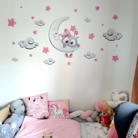 Bērnu sienas uzlīmes — rozā un pelēkā pūce