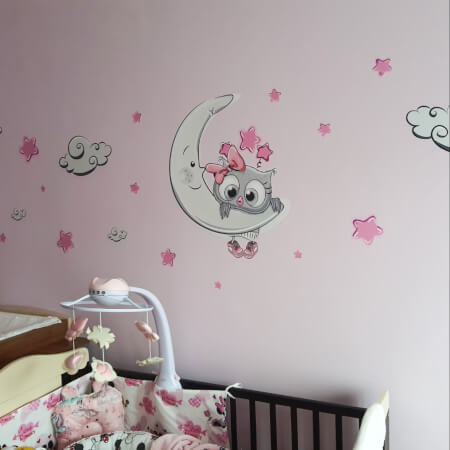 Nálepka do detskej izby - Ružovo-sivá sovička