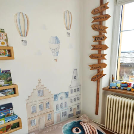 Maisonnettes bleues, stickers avec montgolfières pour chambre d'enfant