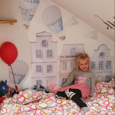 Blaue Häuser, Sticker für Kinderzimmer mit Heißluftballons