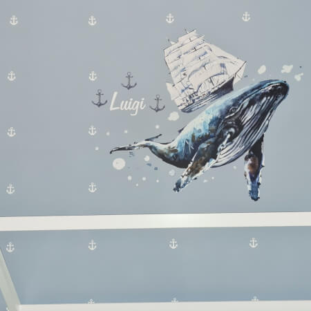 Dětské samolepky na zeď - Velryba s lodí a se jménem dítěte
