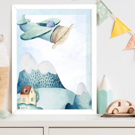 Falikép gyerekszobába - Repülő dombokkal és házikóval