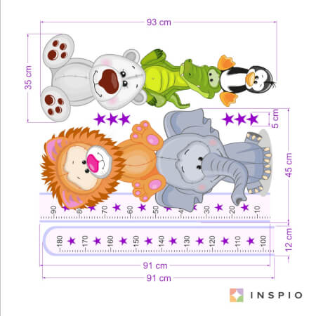 Dětské samolepky na zeď - Fialový metr s barevnými zvířátky (180 cm)