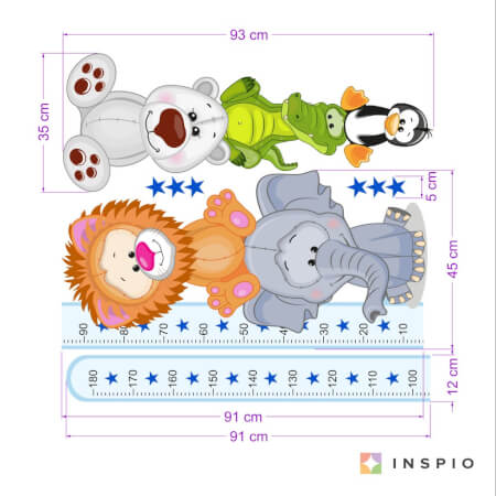 INSPIO-Textilsticker - Blaue Messlatte mit Tieren für das Kinderzimmer