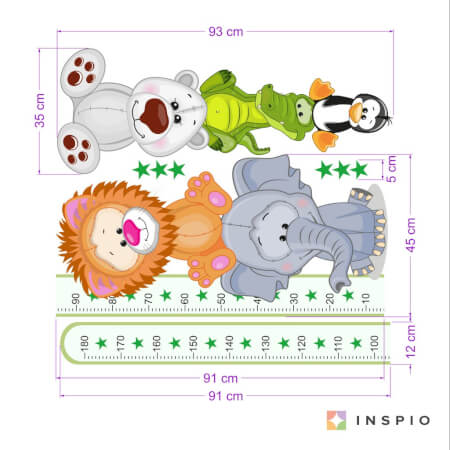 Wandaufkleber Wachstum Chart für Kinderzimmer mit Tieren in Grün