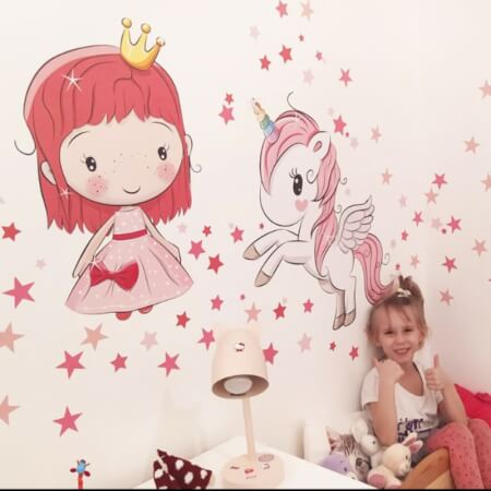 Sticker mural - Princesse et licorne
