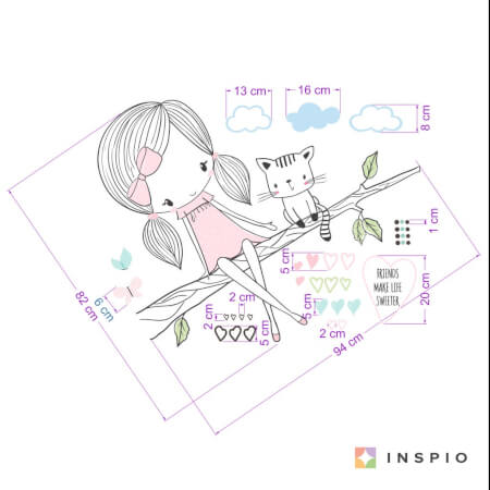 Dětské samolepky na zeď - INSPIO víla na větvi s kočičkou v růžovém provedení