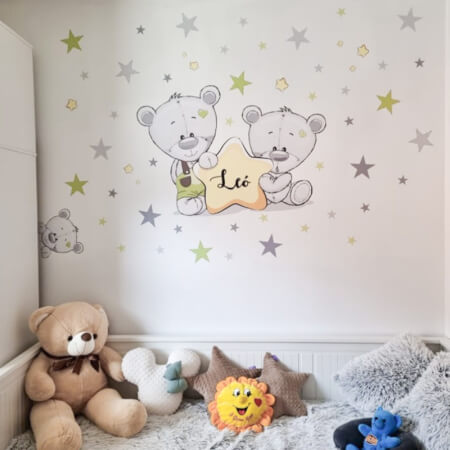 Dětské samolepky na zeď - Medvídci s hvězdičkou a se jménem v zelené barvě