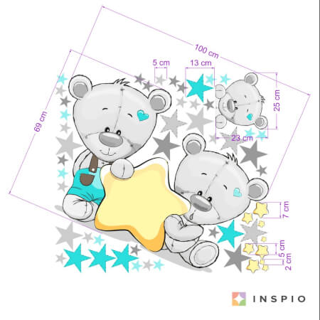 Dětské samolepky na zeď - Tyrkysoví medvídci s hvězdičkou a se jménem