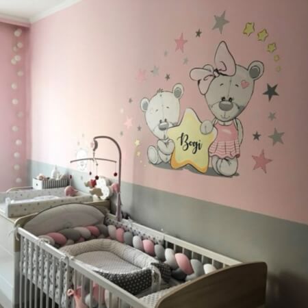 Dětské samolepky na zeď - Medvídci se jménem v růžové barvě pro holčičky