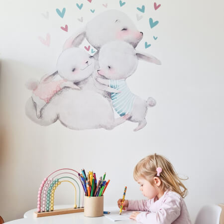 Akvarelová nálepka na stenu - Rodinka zajačikov so srdiečkami