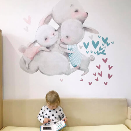 Dětské samolepky na zeď - Rodinka zajíčků se srdíčky