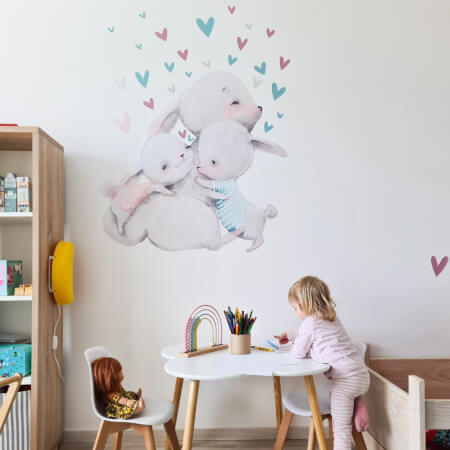 Akvarelne zidne naljepnice - obitelj zečića sa srcima