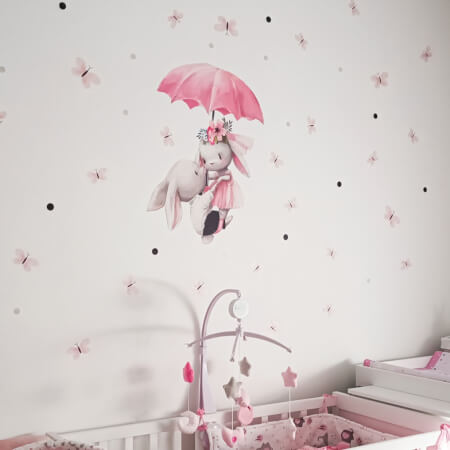 Samolepka na zeď pro děti - Zajíčci letící na deštníku