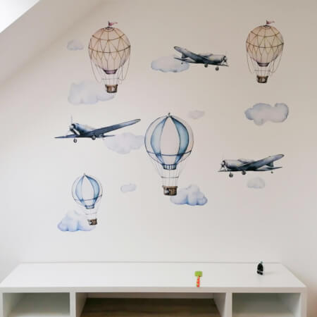 Samolepky na stenu - Akvarelové lietadlá a balóny