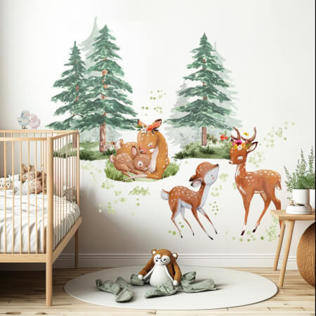 Textilná a prelepiteľná nálepka - Srnčia rodinka v lese - nálepky na stenu