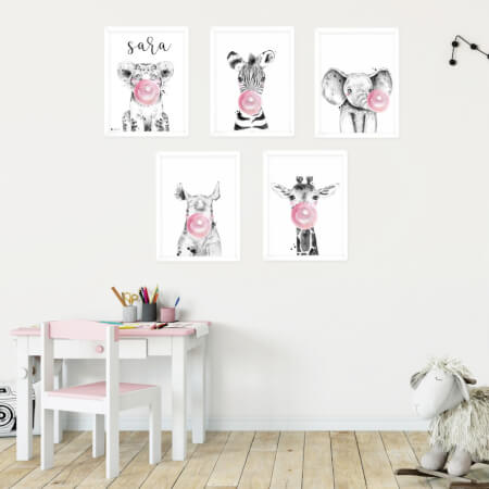 Schilderij - Giraffe met roze luchtbel