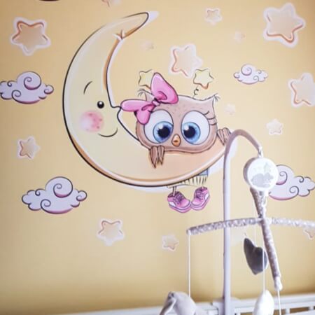 Sticker mural - Hibou rose sur lune