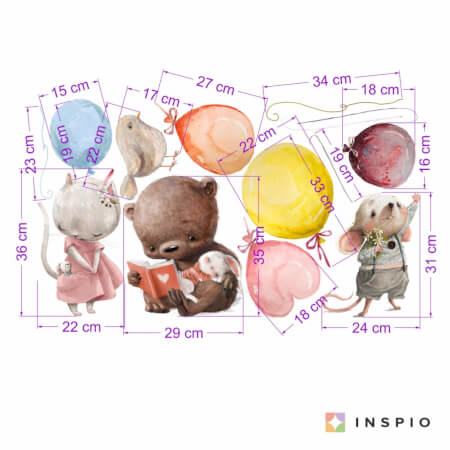 Sticker über dem Bett - Tiere mit Luftballons in Pastellfarben
