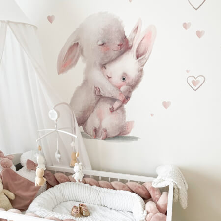 Akvarelová nálepka na stenu - Zajačiky v objatí 
