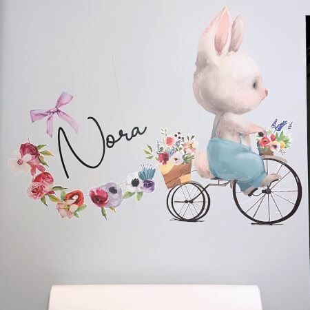 Αυτοκόλλητο τοίχου με όνομα - Λαγουδάκι με λουλούδια