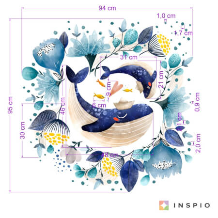 Akvarelová nálepka na stenu - Veľrybky s kvetmi