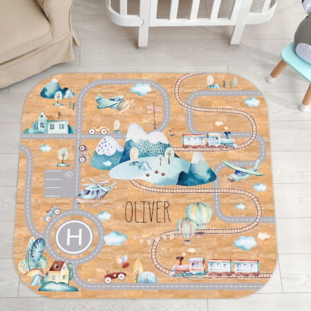 Playing cork rug for children with a road, cars and a name