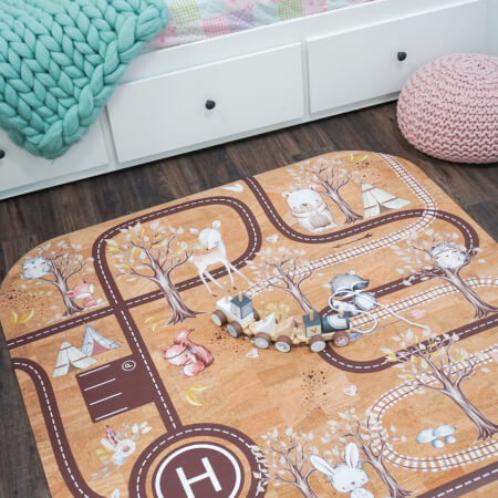 Carpet made of cork with animals, roads and railways for boys