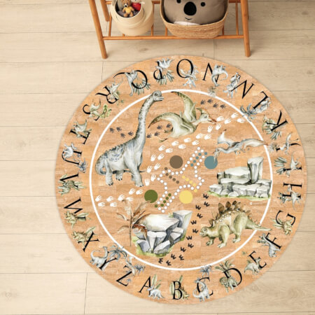 Kruhový koberec z korku - Dinosaury a abeceda