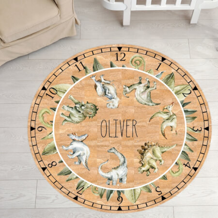 Detský koberec z korku - Dinosaury s menom a hodinkami