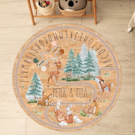 Detský kruhový koberec z korku - Srnky a zajačiky v lese