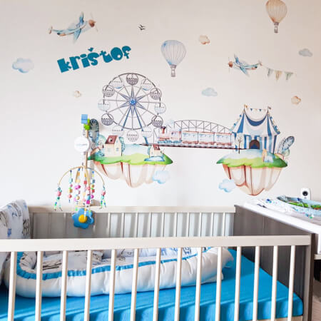 Dětské samolepky na zeď - Kolotoč, cirkus a balóny a jménem