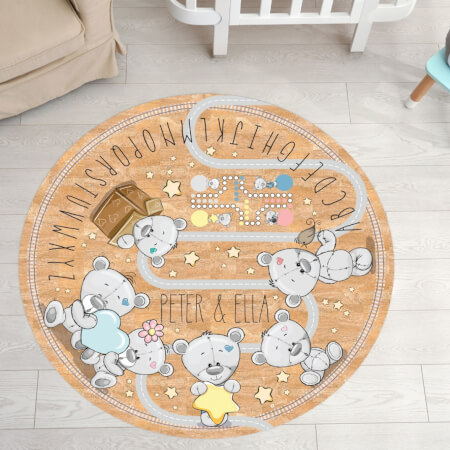 Okrúhly koberec do detskej izby s macíkmi a abecedou